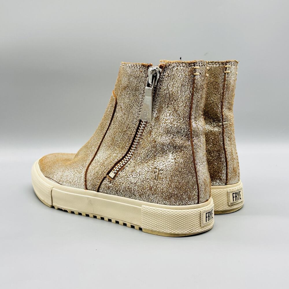Frye Boots Womens 8 Gold Leather Gia Lug Zip High Top Sneaker Booties Shoes - Picture 5 of 11